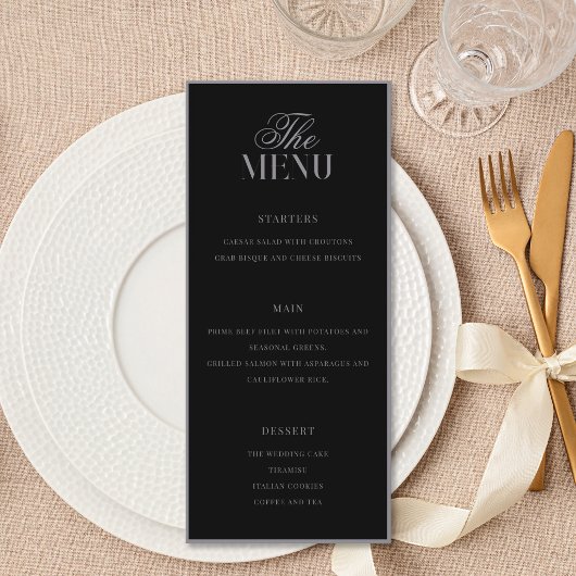 Elegante matte zwarte bruiloft in old money-stijl menu