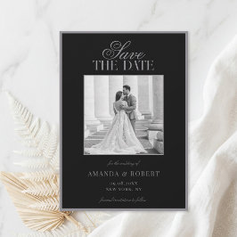Elegante matte zwarte old money foto trouwkaart save the date