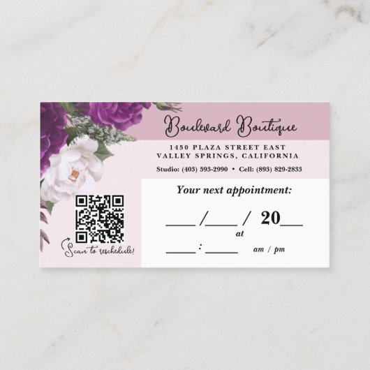 Elegante Mauve Bloemen Haar Stylist Afspraak QR Visitekaartje (Achterkant)