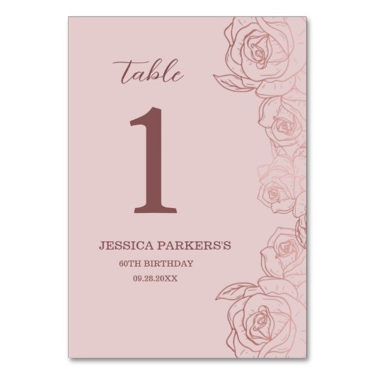 Elegante Mauve Bloemen Verjaardag Feest Tafelnumme Kaart (Voorkant)