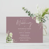 Elegante Mauve Bloemengroen Foto Bruiloft Kaart (Staand voorkant)