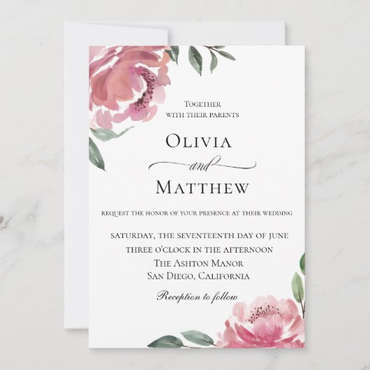 Elegante Mauve Botanische Bruiloft Kaart (Voorkant)