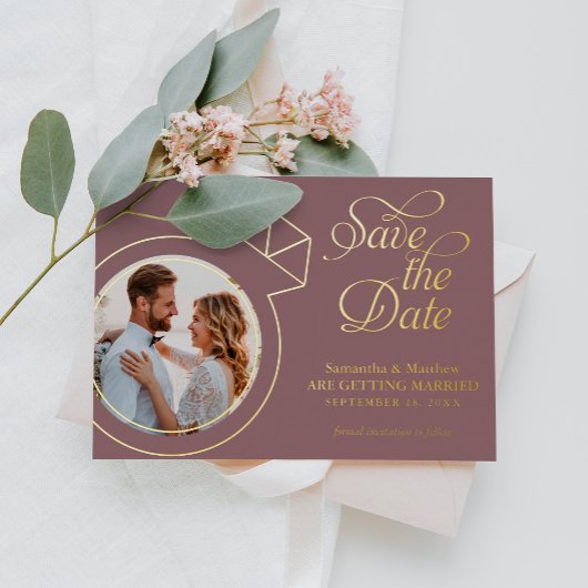 Elegante mauve foto trouwkaart save the date folie uitnodiging