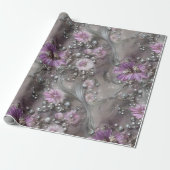Elegante Mauve, Grijs, en Ivoor Bloemen & Beaded Cadeaupapier (Uitgerold)