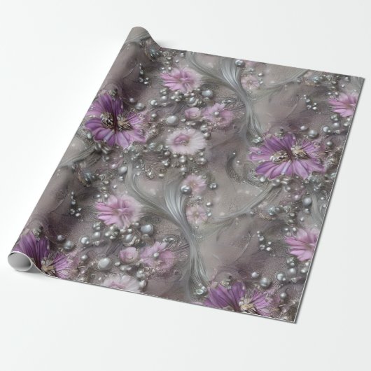 Elegante Mauve, Grijs, en Ivoor Bloemen & Beaded Cadeaupapier (Uitgerold)