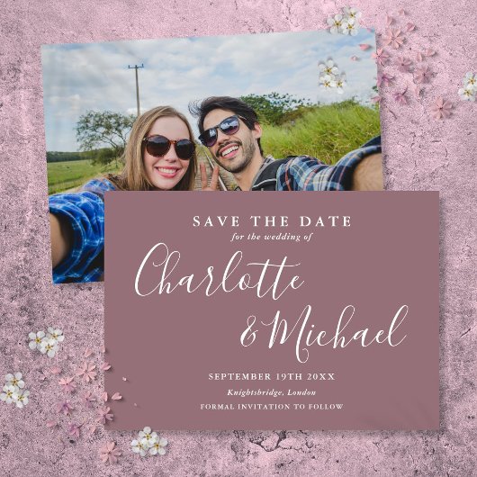 Elegante Mauve handtekening script foto Save The Date