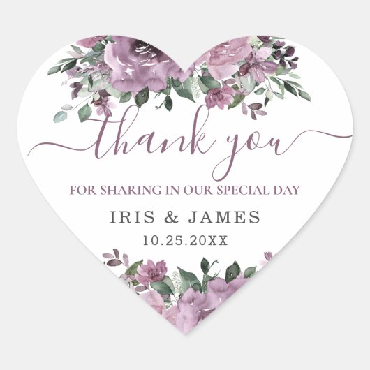 Elegante Mauve Plum Paarse Floral Wedding Hart Sticker (Voorkant)