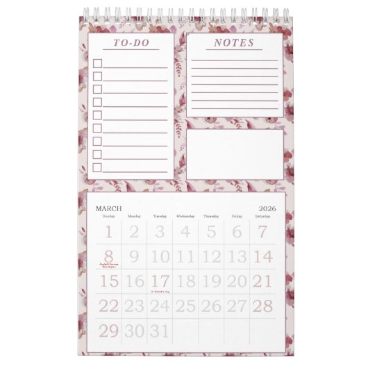 Elegante Mauve Roze Bloemen Patroon Maandelijkse P Kalender (Mar 2026)