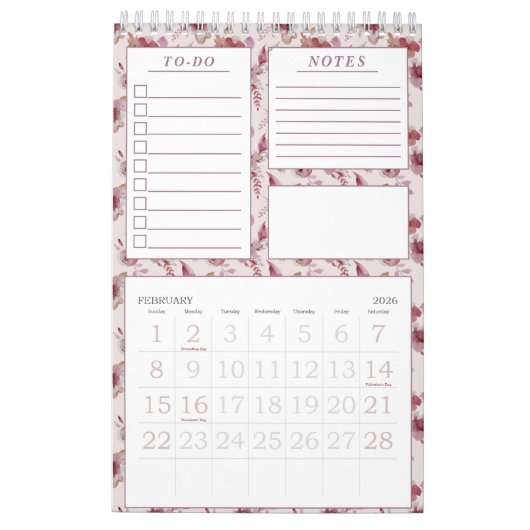 Elegante Mauve Roze Bloemen Patroon Maandelijkse P Kalender (Feb 2026)