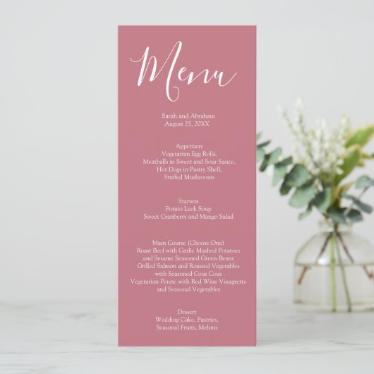 Elegante Mauve Roze en Witte Rozen Wedding Menu (Staand voorkant)