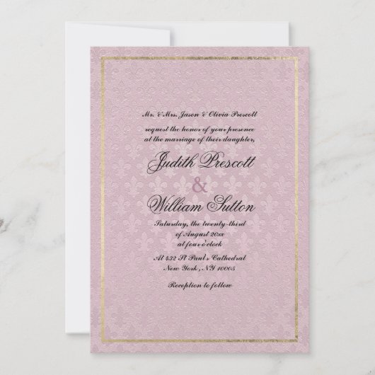 Elegante mauve roze fleur de lis bloemenbruiloft kaart (Voorkant)