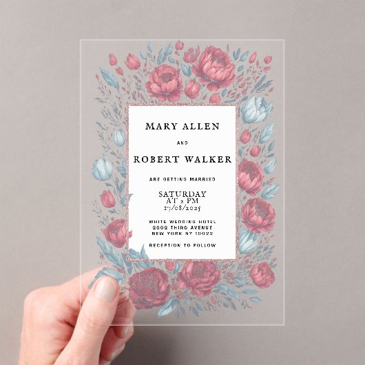 Elegante mauve roze lichtblauwe bloemen lijst brui acryl uitnodigingen (Insitu (Draagbaar))