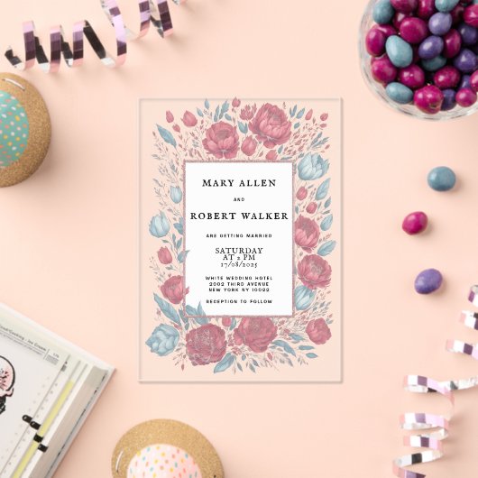 Elegante mauve roze lichtblauwe bloemen lijst brui acryl uitnodigingen (Insitu (Viering))