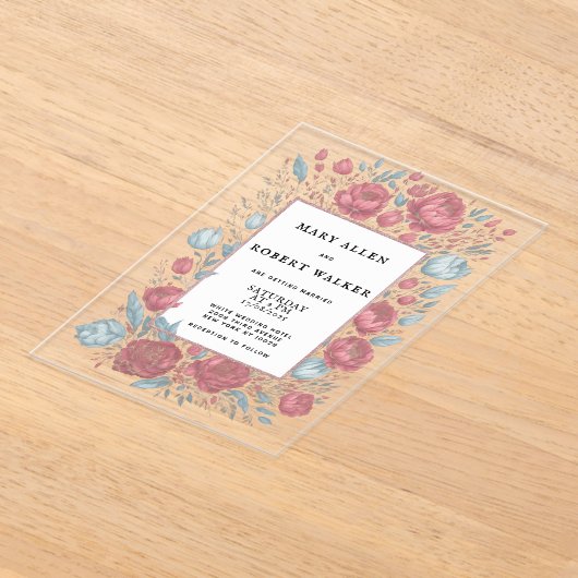 Elegante mauve roze lichtblauwe bloemen lijst brui acryl uitnodigingen (Laagn)