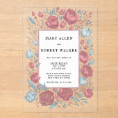 Elegante mauve roze lichtblauwe bloemen lijst brui acryl uitnodigingen (Voorkant)