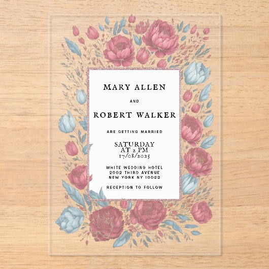 Elegante mauve roze lichtblauwe bloemen lijst brui acryl uitnodigingen (Voorkant)