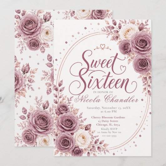 Elegante Mauve Sweet 16 Kaart (Voorkant / Achterkant)