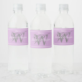 Elegante Mauve Trouw Grijs Monogram Wit Detail Waterfles Etiket