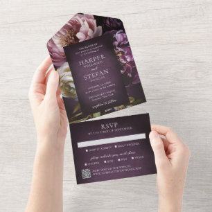 Elegante Maximalistische Paarse Bloemige QR Code B All In One Uitnodiging