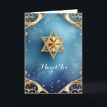 Elegante Mazel Tov, 5" x 7" gevouwen Wenskaart Kaart<br><div class="desc">Gouden ster van David met prachtige gouden details tegen een blauwe achtergrond; de begroeting is "Mazel Tov" op de voorkant. De binnenkant is leeg gelaten voor u om deze elegante kaart te personaliseren. Aanbevolen voor bruiloften,  verjaardagen,  bar mitswa's,  vleermuis mitswa's,  en andere speciale gelegenheden of feestdagen.</div>