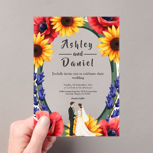 Elegante Meadow Bruid & Bruidegom Zomer Bloemen Hu Acryl Uitnodigingen (Insitu (Draagbaar))