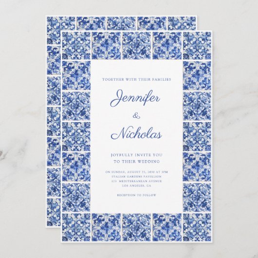Elegante mediterraanse blauwe tegels bruiloft kaart (Voorkant / Achterkant)