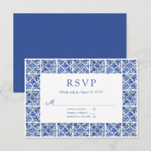 Elegante Mediterrane Blauwe Tegels bruiloft RSVP Kaartje