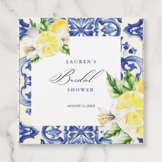 Elegante mediterrane citroen bloemige bruidsborrel bedankjes labels (Voorkant)