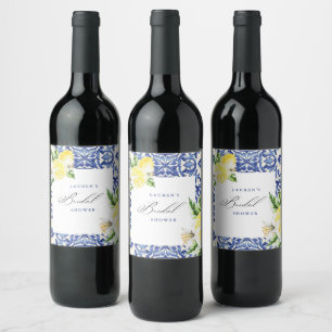 Elegante mediterrane citroen bloemige bruidsfeest wijn etiket