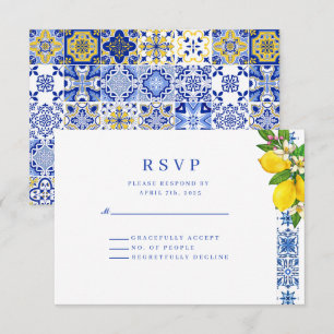 Elegante mediterrane citroen en blauwe bruiloft RSVP kaartje