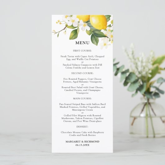 Elegante Mediterrane Lemon Wedding Menu (Staand voorkant)