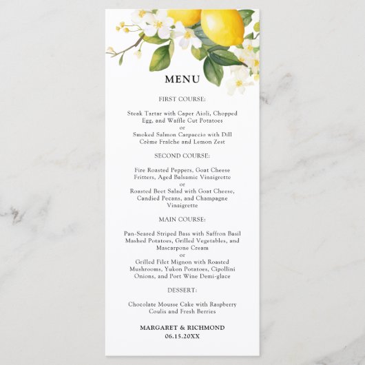 Elegante Mediterrane Lemon Wedding Menu (Voorkant)
