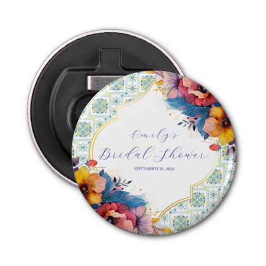 Elegante mediterrene bruiloft in het blauw button flesopener (Voorkant)