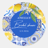 Elegante mediterrene citroen bloemige bruidsdouche ronde sticker (Voorkant)