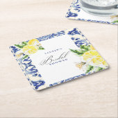 Elegante mediterrene citroen bloemige bruidsontbij kartonnen onderzetters (Schuin)