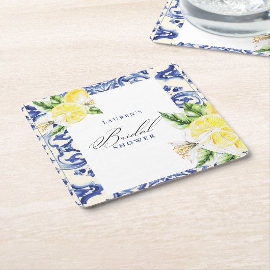 Elegante mediterrene citroen bloemige bruidsontbij kartonnen onderzetters (Schuin)