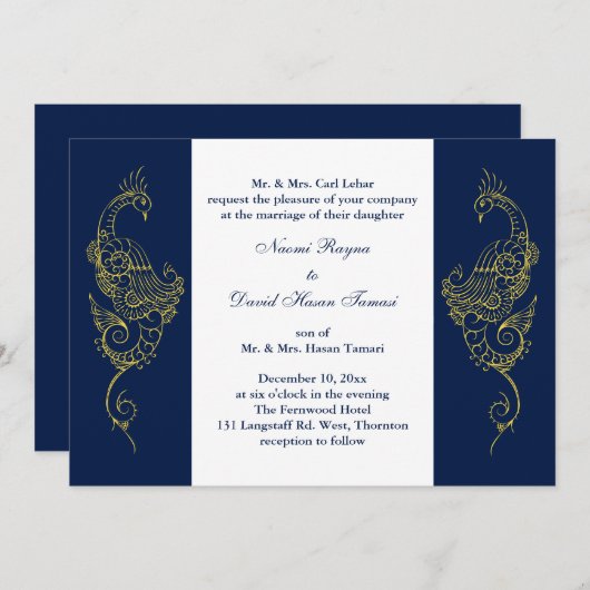Elegante Mehndi Pauw bruiloft Nodig Navy & White u Kaart (Voorkant / Achterkant)