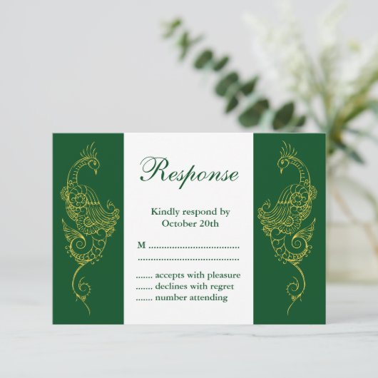 Elegante Mehndi Pauw bruiloft RSVP Groen Wit (Staand voorkant)