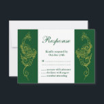 Elegante Mehndi Pauw bruiloft RSVP Groen Wit<br><div class="desc">Deze elegante, door henna geïnspireerde trouwkaart is geaccentueerd met met de hand geschetste, gouden pauwen op een donkere smaragdgroene en witte achtergrond, waardoor dit mehndi-ontwerp perfect is voor de moderne of traditionele Indiase bruiloft. De coördinerende Elegant Mehndi Pauw Huwelijksuitnodiging Groen Wit, is beschikbaar; echter als er extra items nodig zijn,...</div>