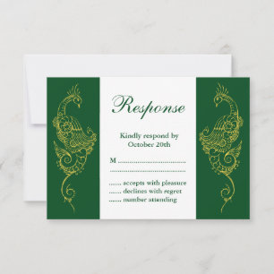 Elegante Mehndi Pauw bruiloft RSVP Groen Wit Kaartje