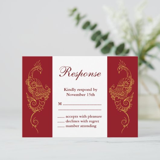 Elegante Mehndi Pauw bruiloft RSVP - Rood & Wit (Staand voorkant)