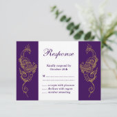 Elegante Mehndi Pauw Huwelijk RSVP Paars Wit (Staand voorkant)