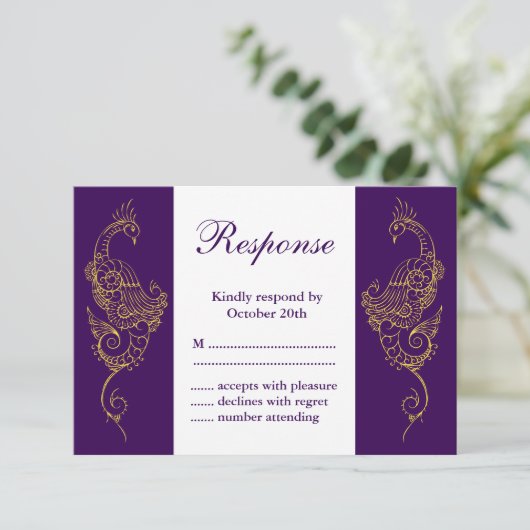 Elegante Mehndi Pauw Huwelijk RSVP Paars Wit (Staand voorkant)