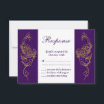 Elegante Mehndi Peacock Bruiloft RSVP Paarse Wit<br><div class="desc">Deze elegante henna geïnspireerde trouwreactiekaart is geaccentueerd met handgeschetste, gouden pauwen op een paarse en witte achtergrond, waardoor dit mehndi-ontwerp perfect is voor de moderne of traditionele Indiase bruiloft. De coördinerende Elegant Mehndi Peacock Wedding Invite Paarse Wit, is beschikbaar; als er echter extra items nodig zijn, neem dan contact met...</div>