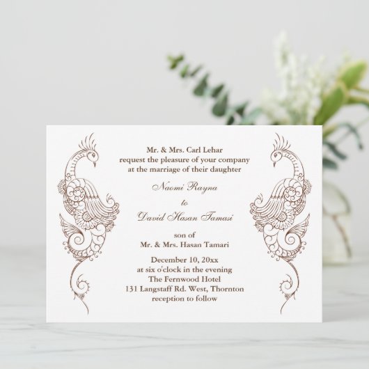 Elegante Mehndi Peacock bruiloft uitnodiging (Staand voorkant)