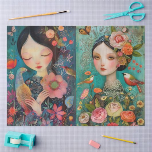 Elegante Meisjes Kleurrijke Bloemen Decoupage Coll Tissuepapier (Craft)