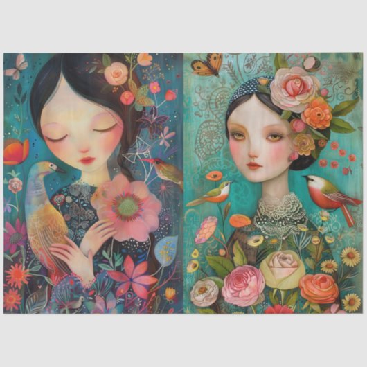 Elegante Meisjes Kleurrijke Bloemen Decoupage Coll Tissuepapier (Voorkant)