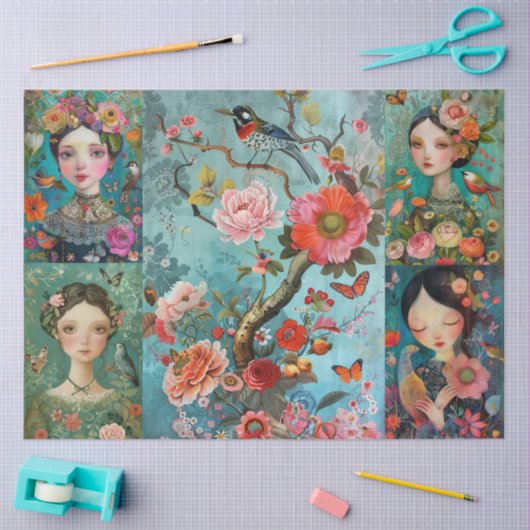 Elegante Meisjes Kleurrijke Bloemen Decoupage Coll Tissuepapier (Craft)