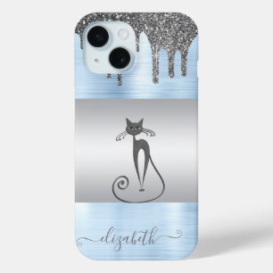 Elegante Meisjesachtig, Kat Glitterdruppels Blauw iPhone 15 Case
