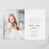 Elegante meisjesfoto eerste communie roze goud folie uitnodiging (Voorkant)